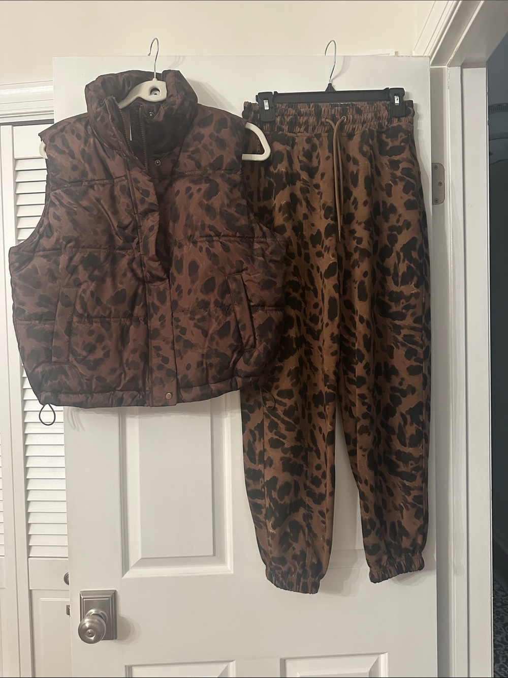 Old Navy Brown Leopard Print Joggers with Matching Puffer Vest
